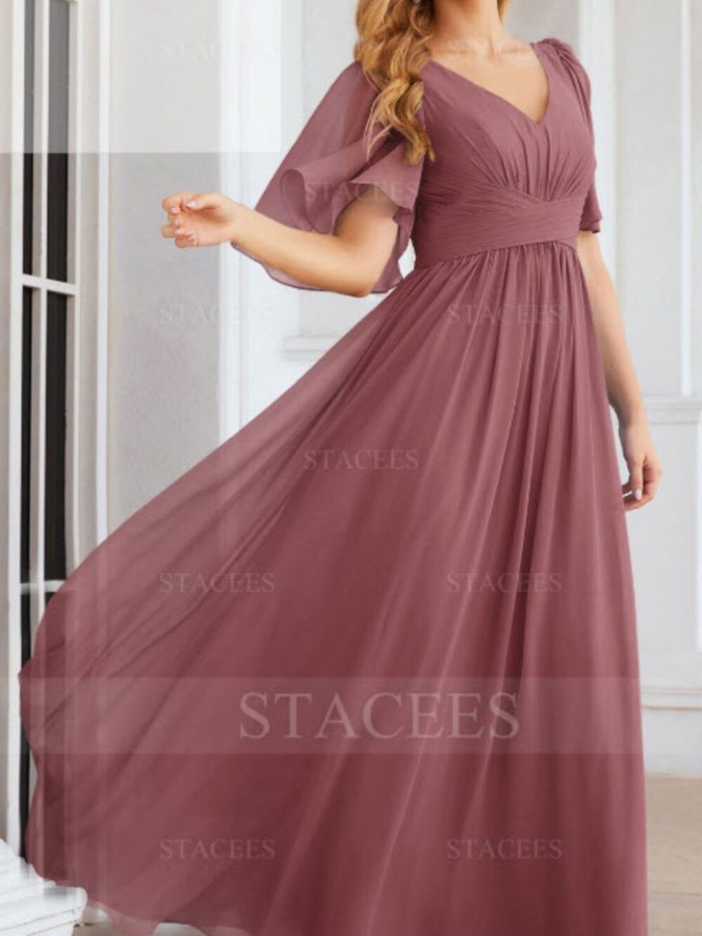 Pleated A-line V Neck Chiffon Long Bridesmaid Dress With Short Sleeve